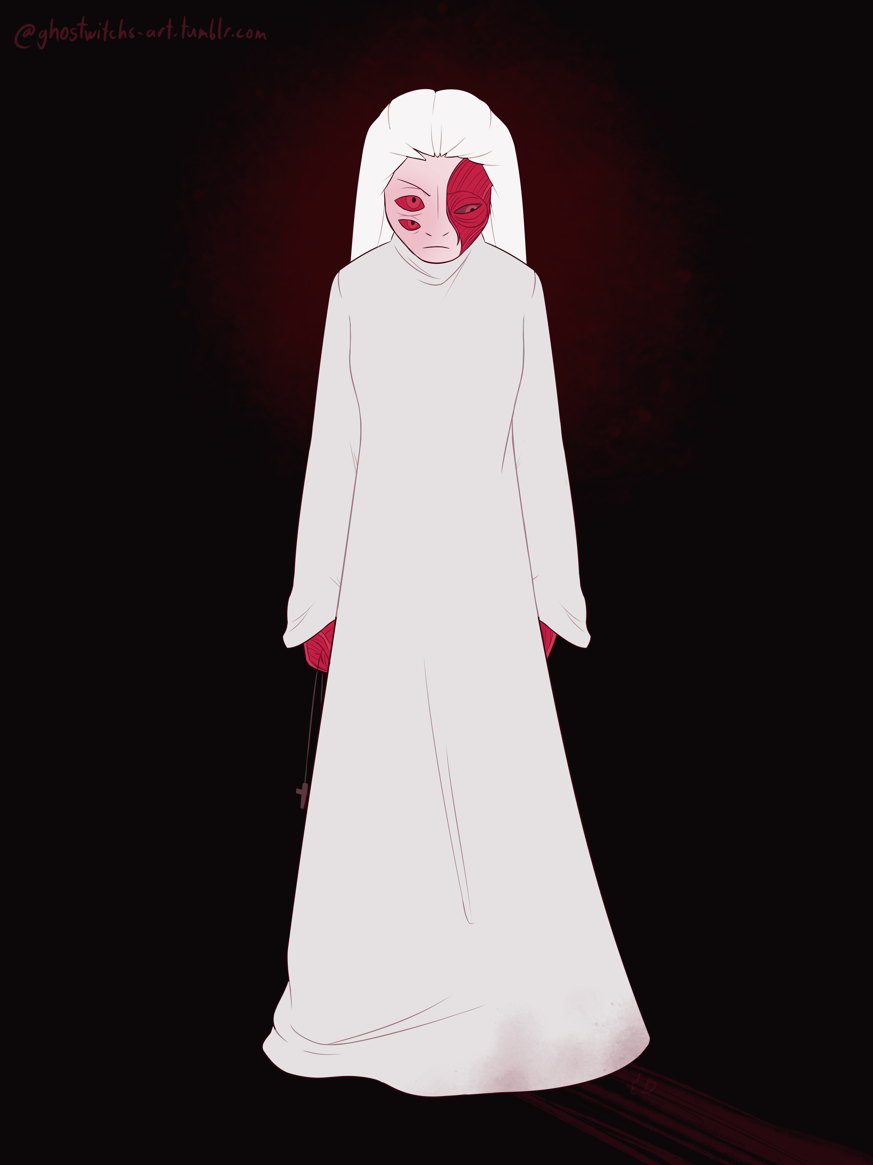 Sybil in her white robes. She is glaring at the camera and gripping a necklace with a cross in her right hand. There appears to a splatter of blood pointed to her that is leading off-screen.